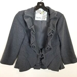 Anthropologie Tabitha Jacket Size 6 Gray Blue‎ Wool Blend Terrace House Ruffle